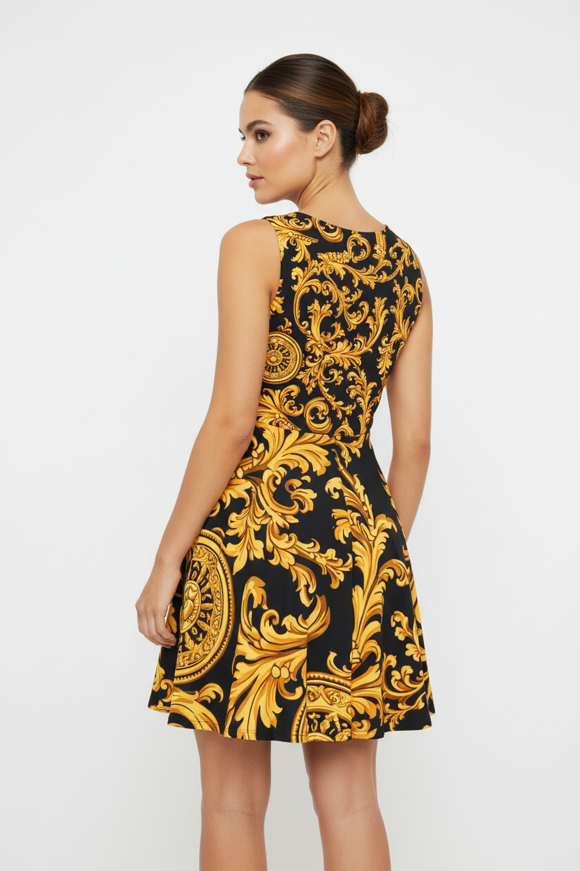 Baroque Gold Scroll Skater Dress - Back View