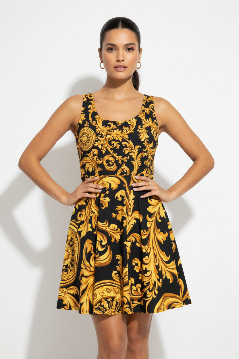 Baroque Gold Scroll Skater Dress - Confident Pose
