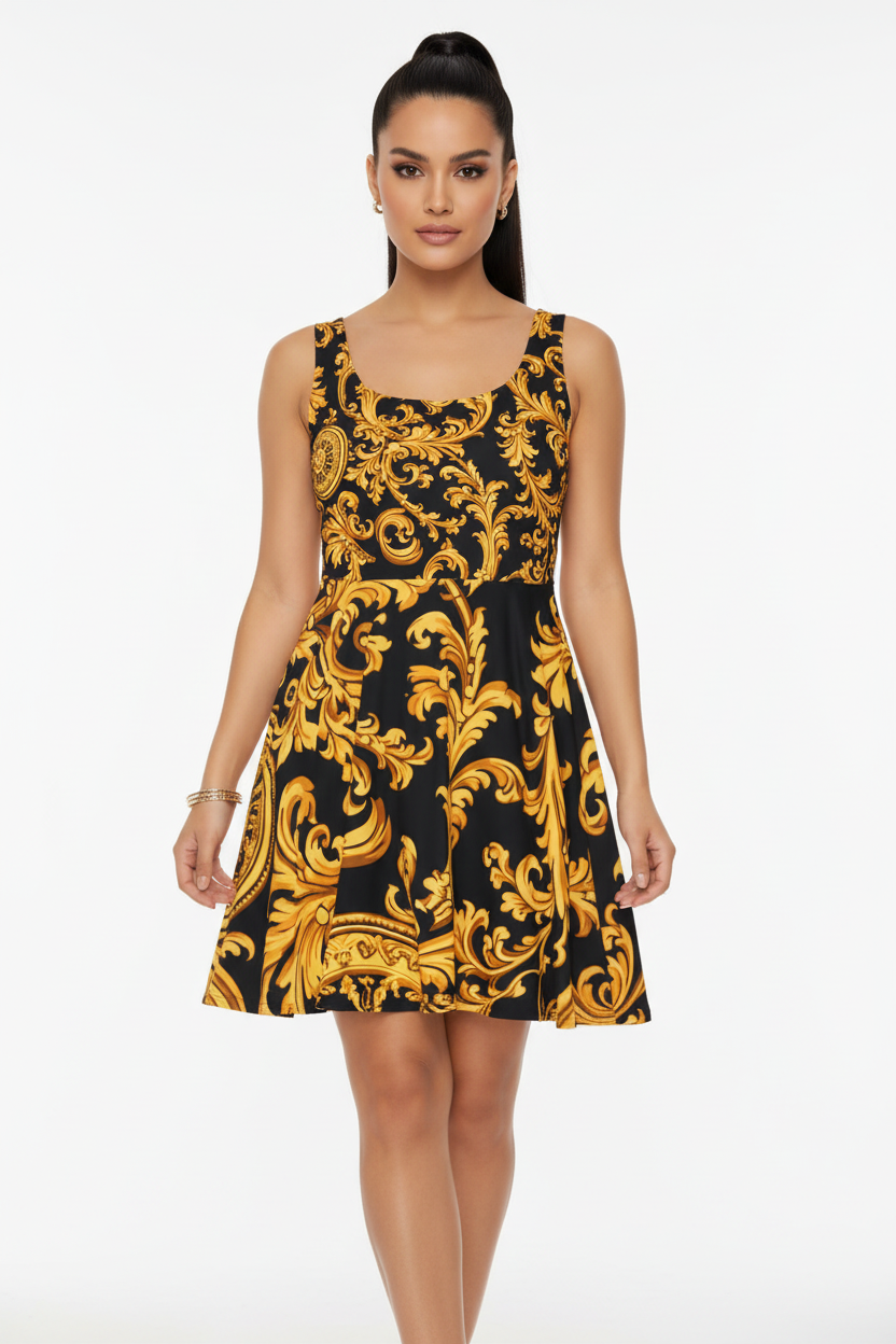 Baroque Gold Scroll Skater Dress - Front View