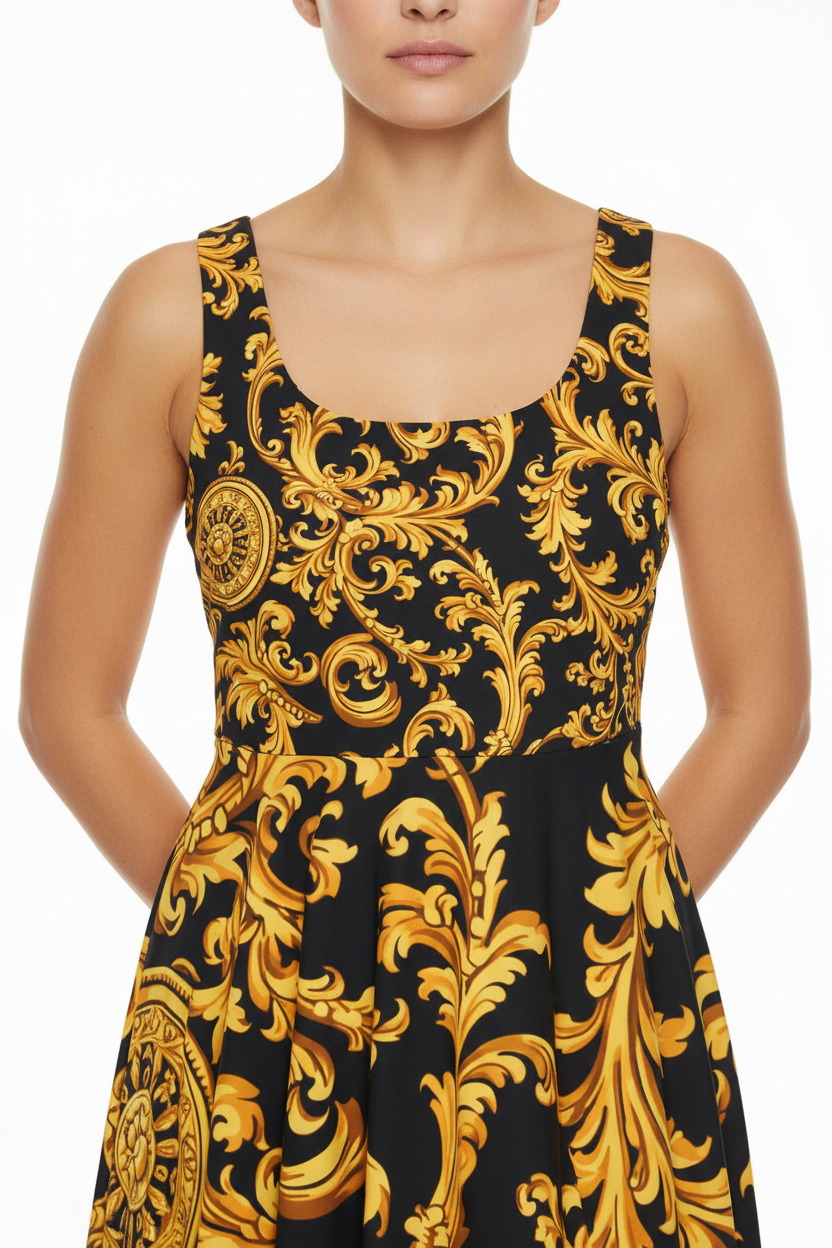Baroque Gold Scroll Skater Dress - Pattern Detail