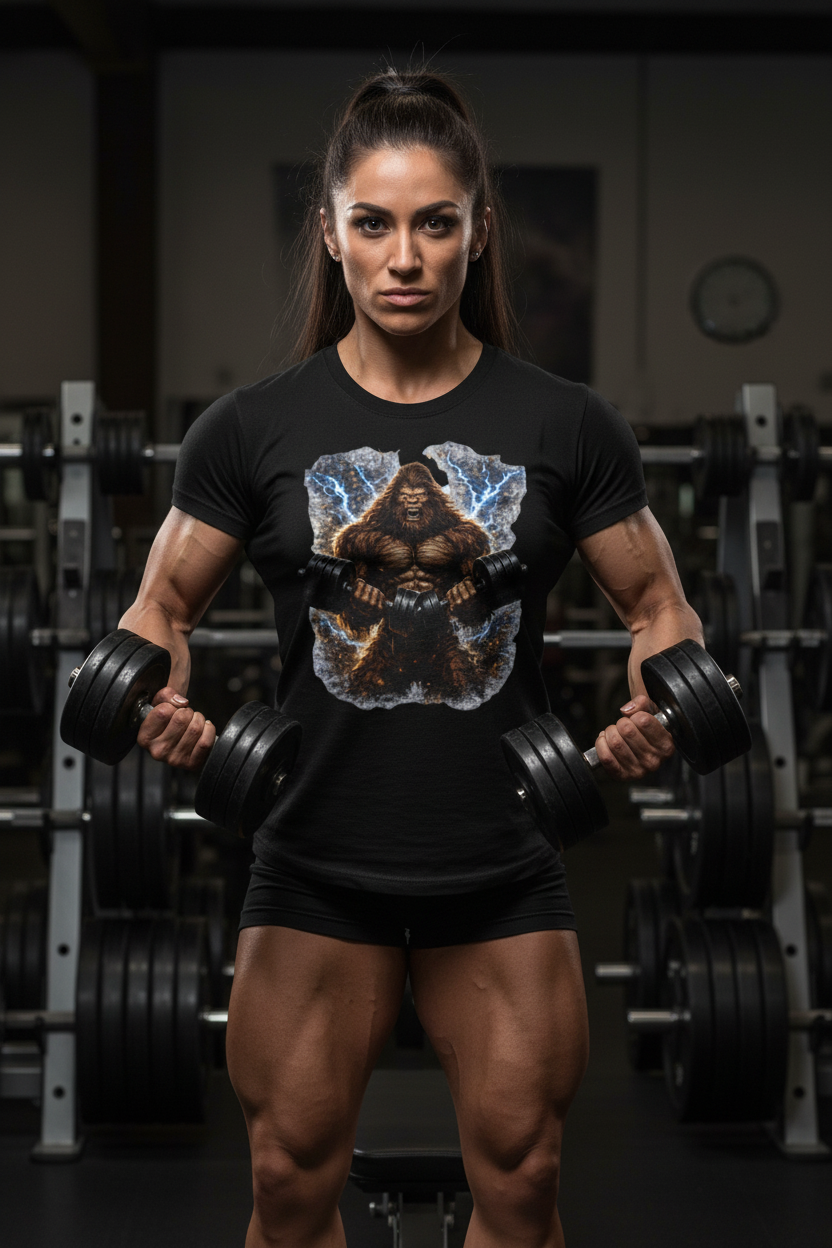 Big Foot Strength Black Tee Female Bodybuilder Mockup