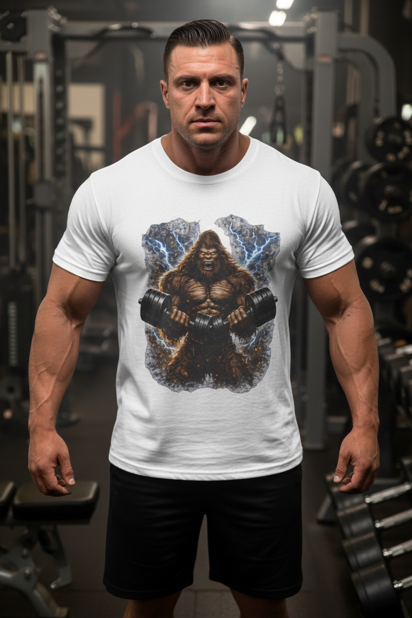 Big Foot Strength White Tee Male Bodybuilder Mockup