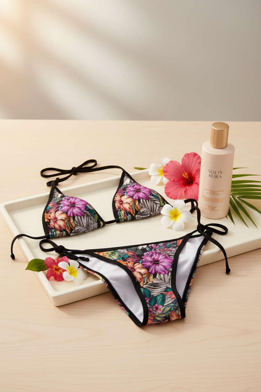 Bikini with Tanning Lotion and Flowers