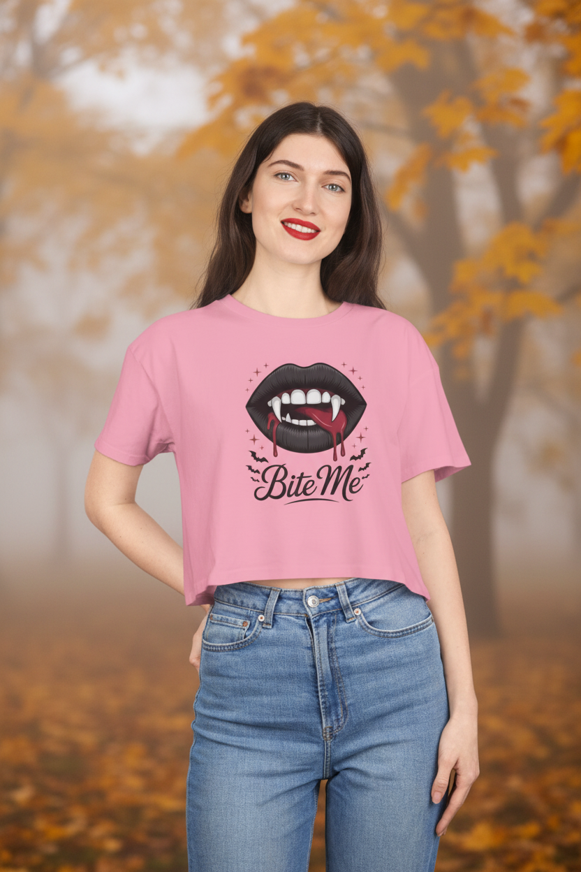 Bite Me Pink Crop Tee - Lifestyle Mockup