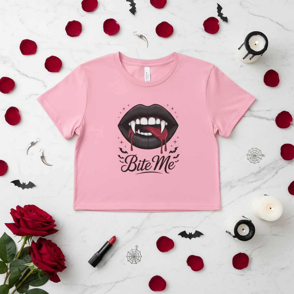 Bite Me Pink Crop Tee - White Vampire Flat Lay