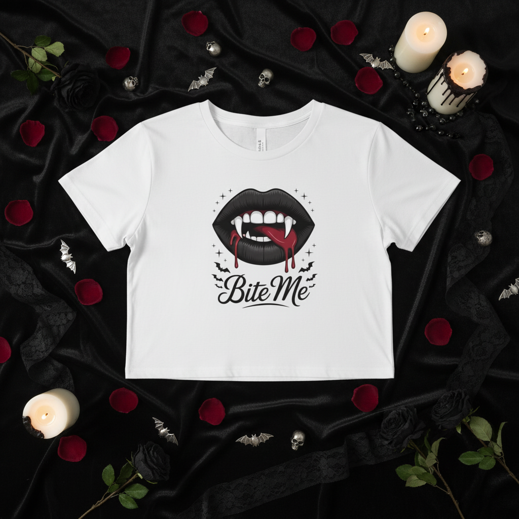 Bite Me White Crop Tee - Gothic Flat Lay