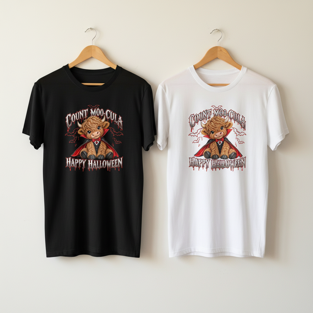 Black and white Count Moo-Cula shirts hanging loosely
