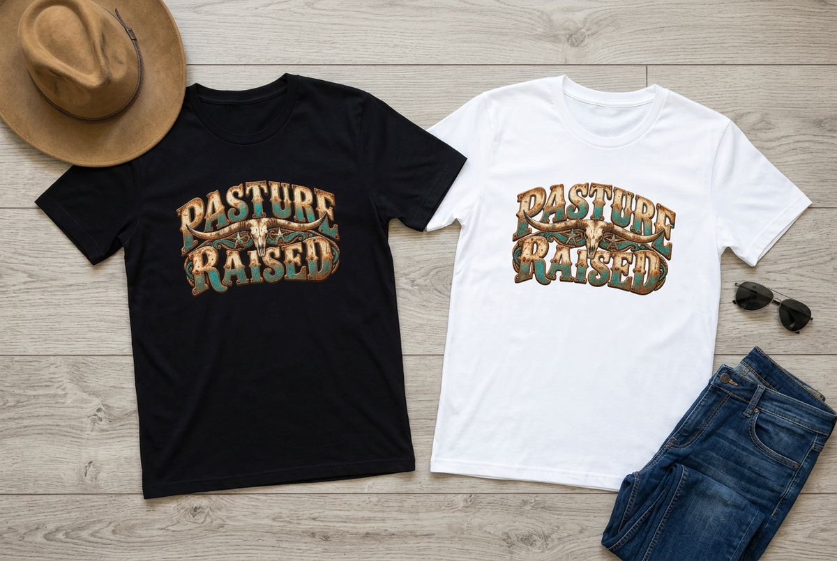Black and white men’s Pasture Raised tees in a western flat lay with a cowboy hat, jeans, and sunglasses