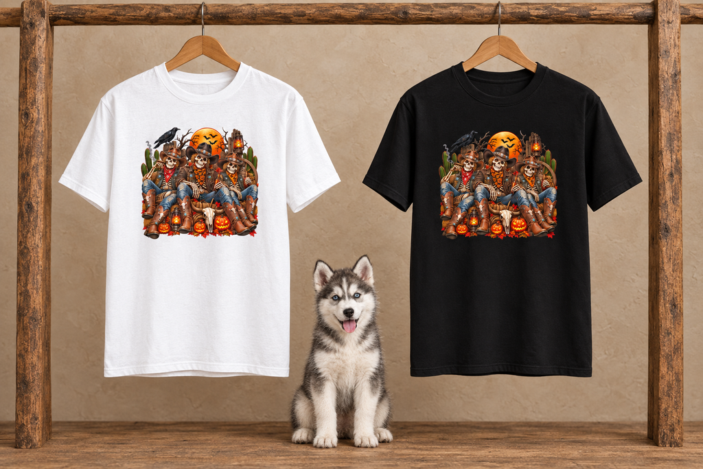 Black and white skeleton cowboy tees on wooden hangers with a husky puppy