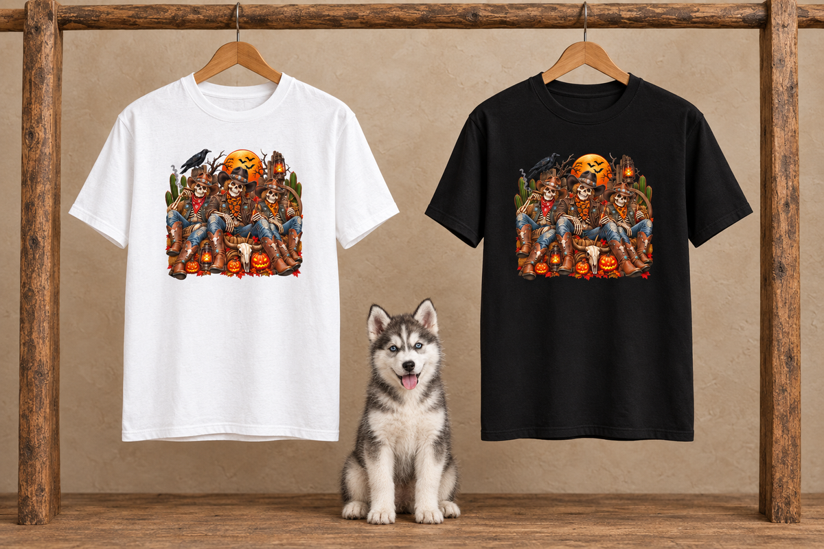 Black and white skeleton cowboy tees on wooden hangers with a husky puppy