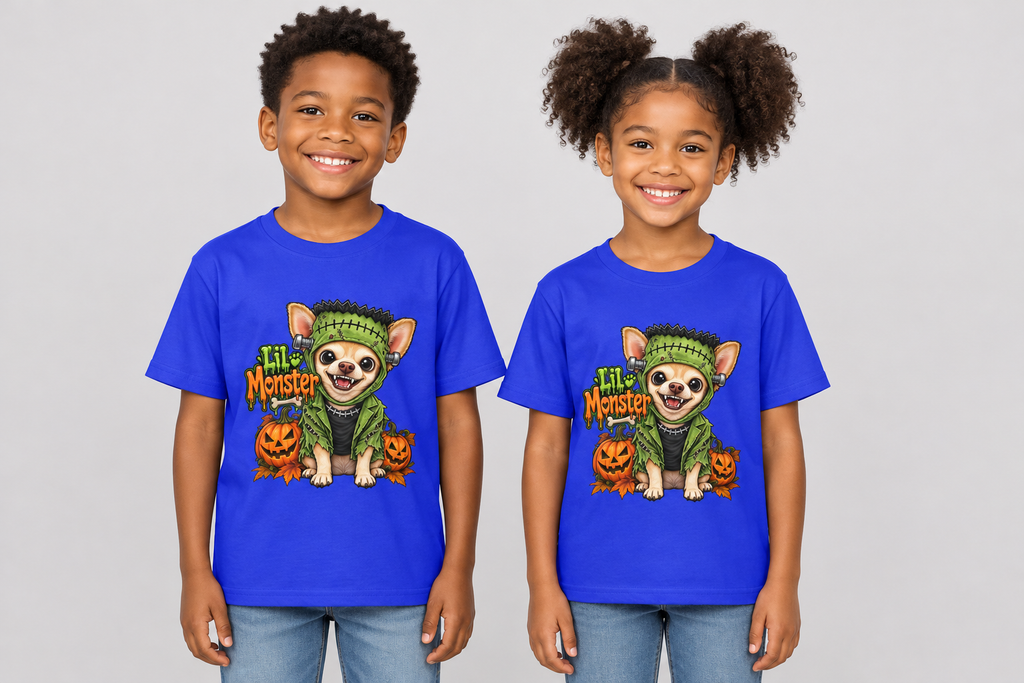 Black boy and girl wearing the blue Coco Lil Monster Halloween kids’ tee