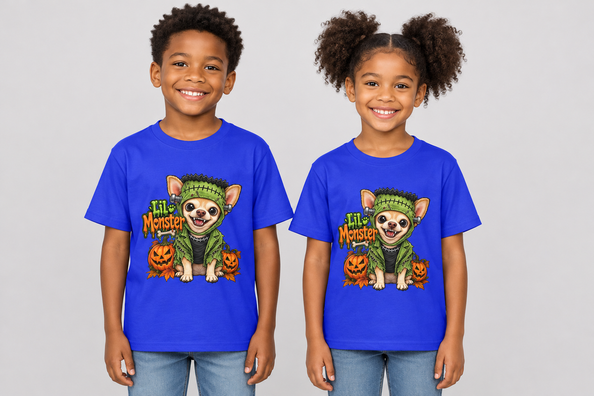 Black boy and girl wearing the blue Coco Lil Monster Halloween kids’ tee