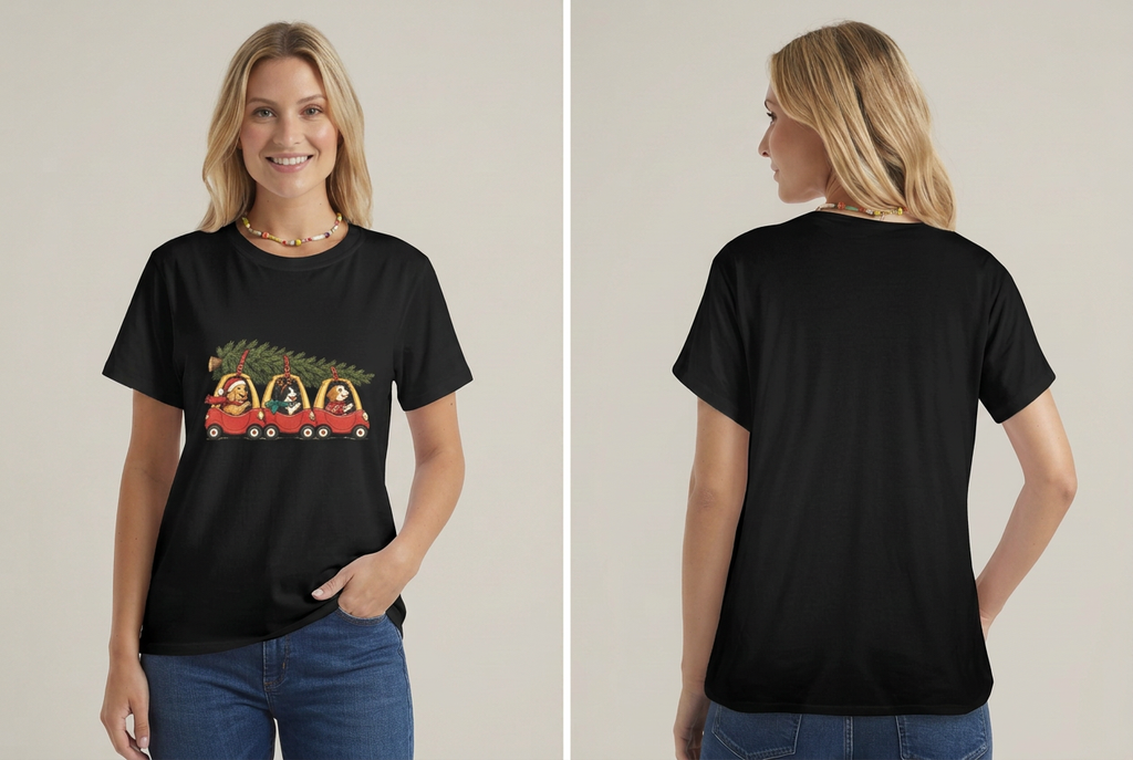 Black Christmas dogs tee on the same woman in a different pose, front and back studio views
