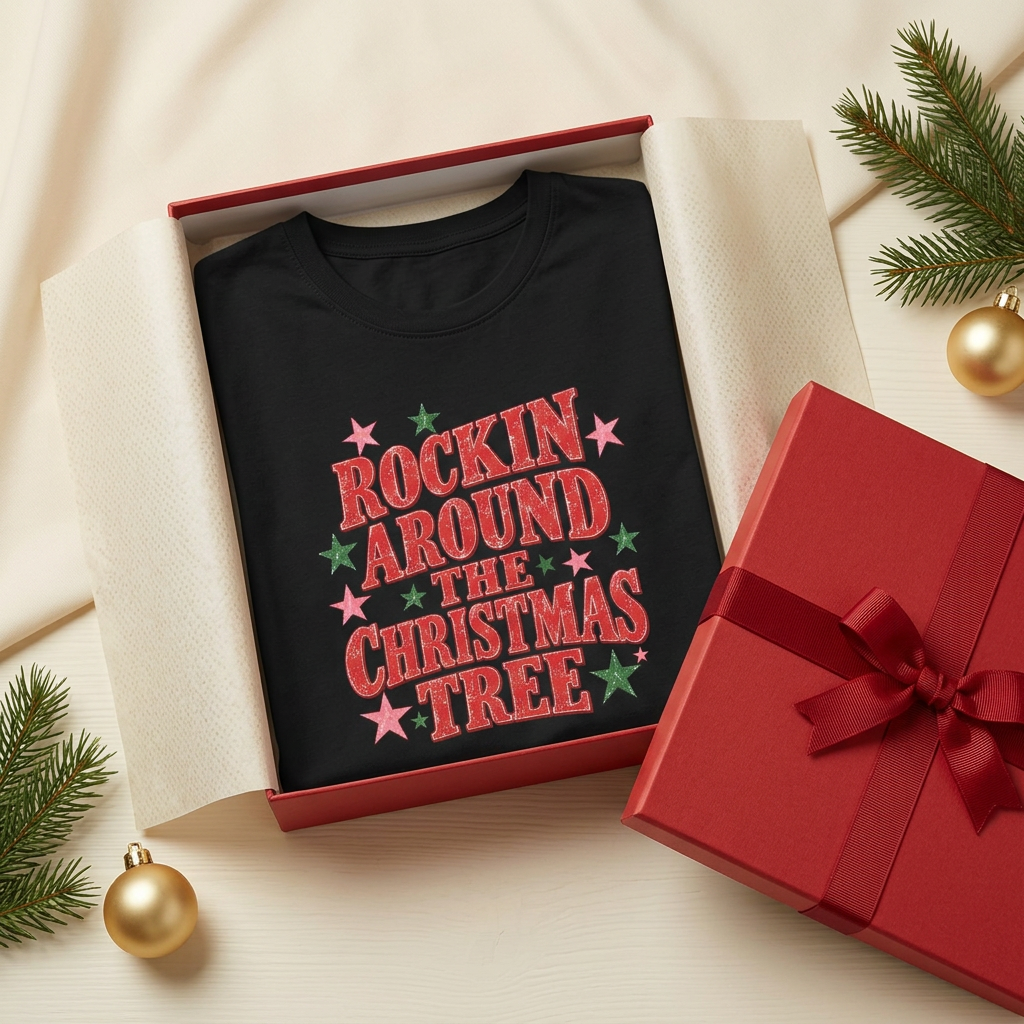 Black Christmas tee styled in an open festive gift box