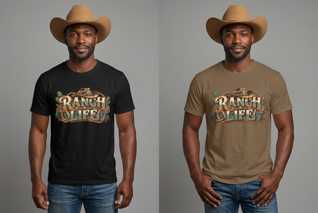 Black cowboy modeling black and brown Ranch Life tees side by side