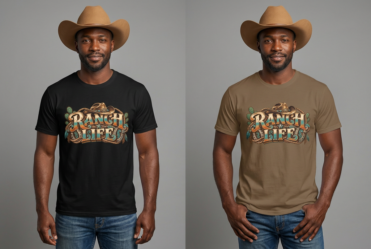 Black cowboy modeling black and brown Ranch Life tees side by side