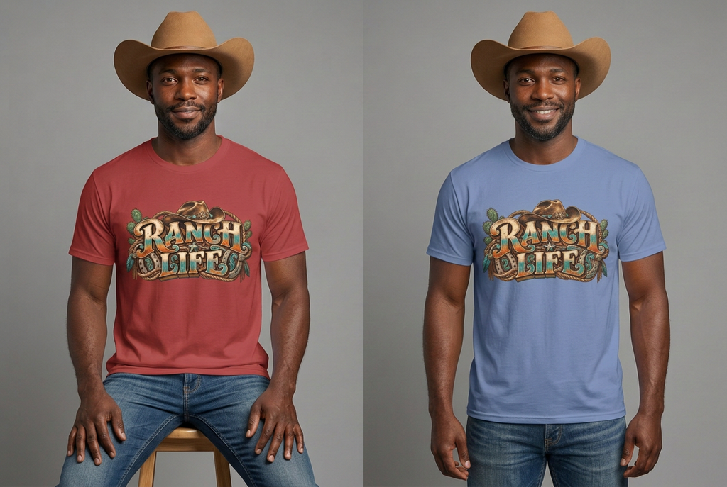 Black cowboy modeling red and blue Ranch Life tees side by side