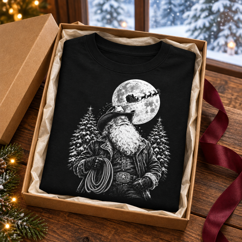 Black Cowboy Santa tee in a Christmas gift box with a snowy winter backdrop