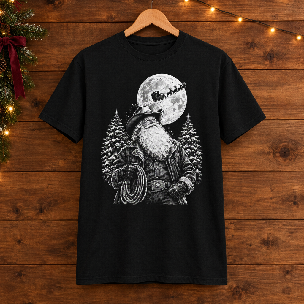 Black Cowboy Santa tee on a wooden hanger with a western Christmas backdrop