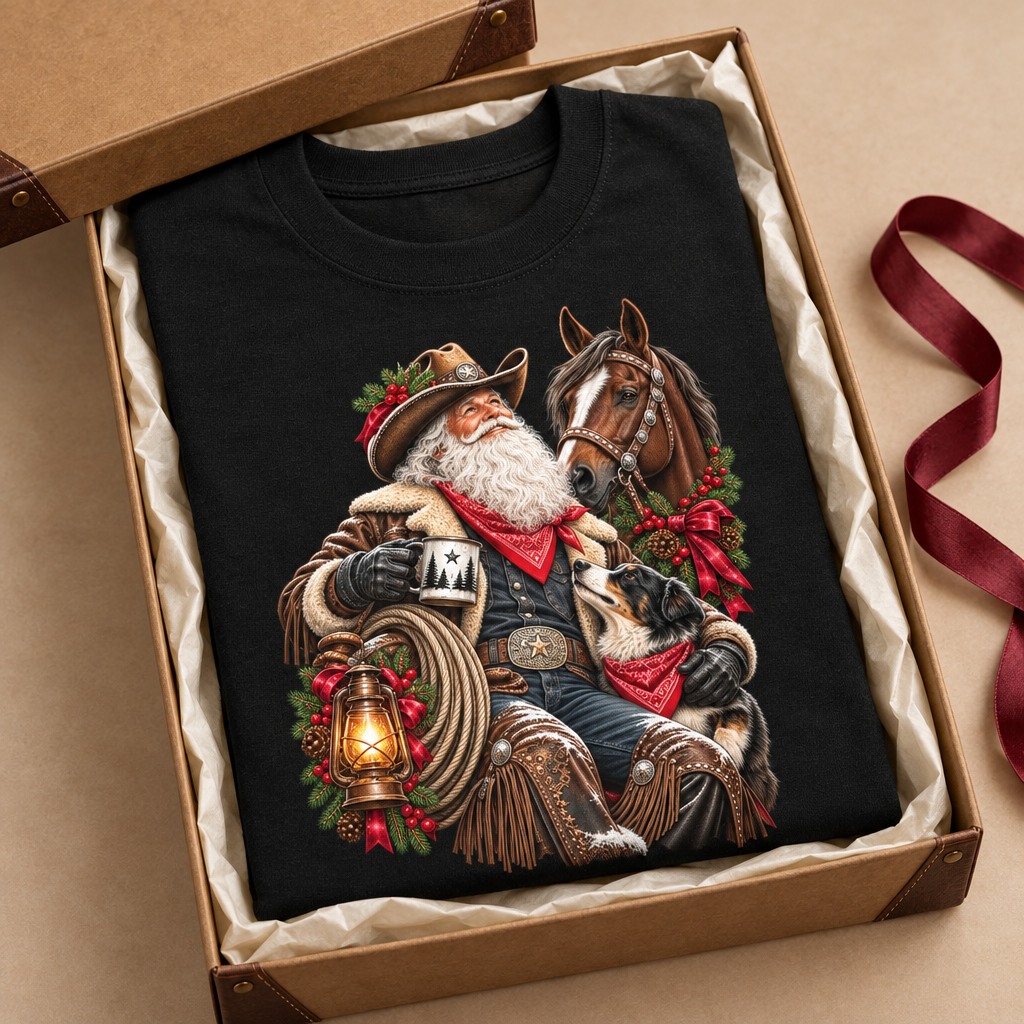 Black Cowboy Santa tee styled in a western gift box