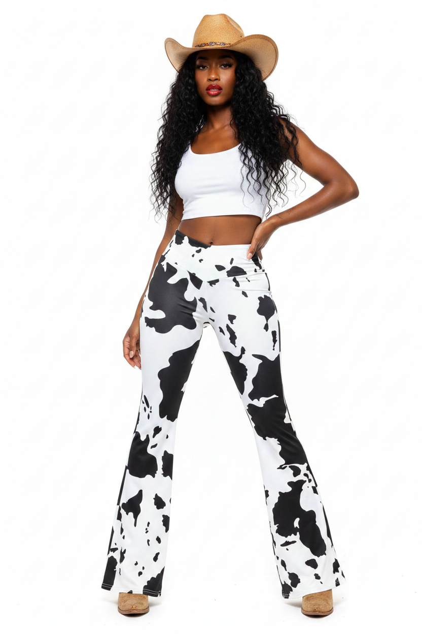 Black Cowgirl Cow Print Flare Pants Mockup