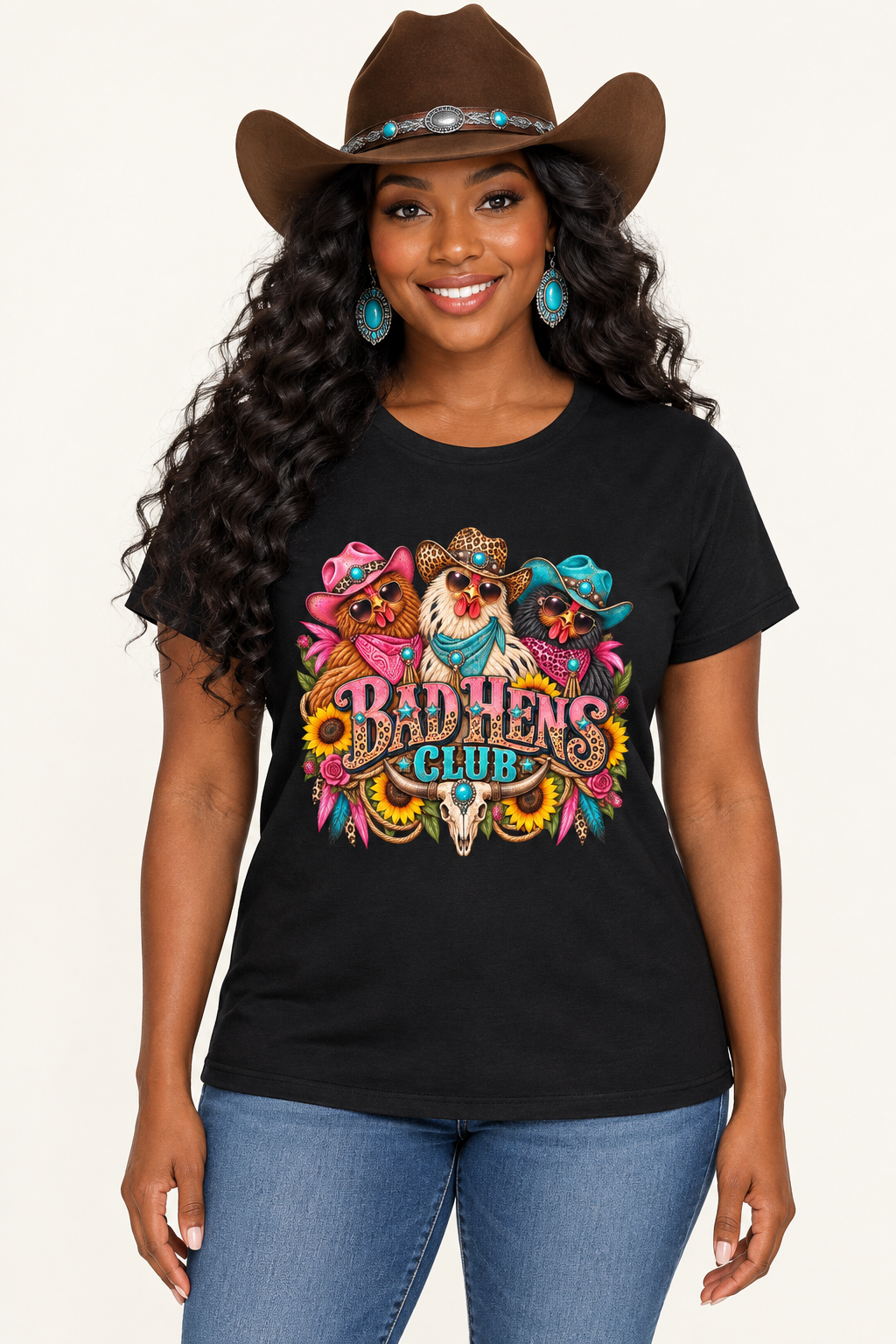 Black cowgirl modeling the black Bad Hens Club tee on a clean studio background