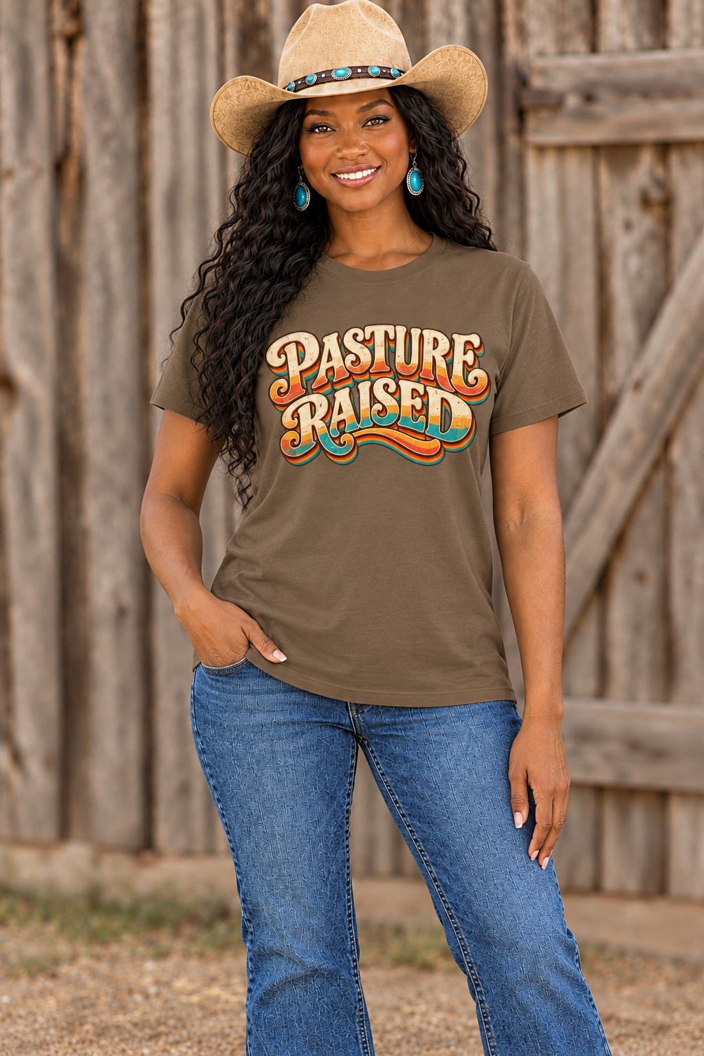 Black cowgirl wearing the brown Pasture Raised tee against a rustic barn backdrop