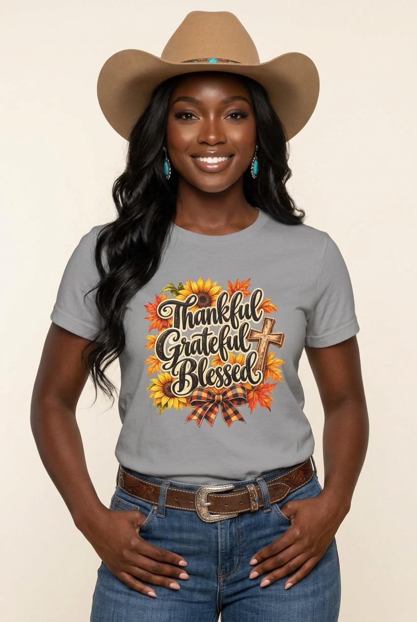 Black cowgirl wearing the gray Thankful Grateful Blessed tee