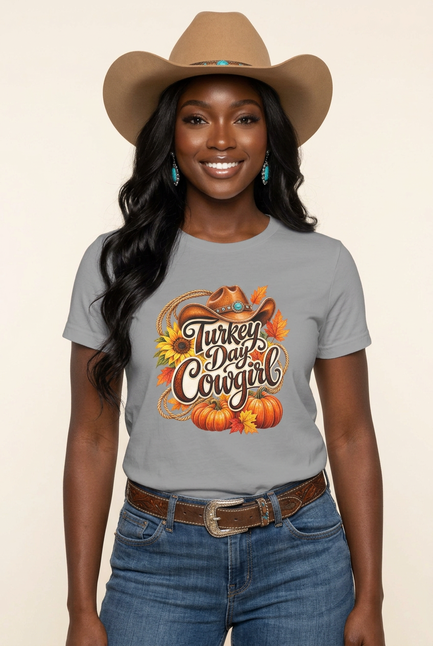 Black cowgirl wearing the gray Turkey Day Cowgirl tee