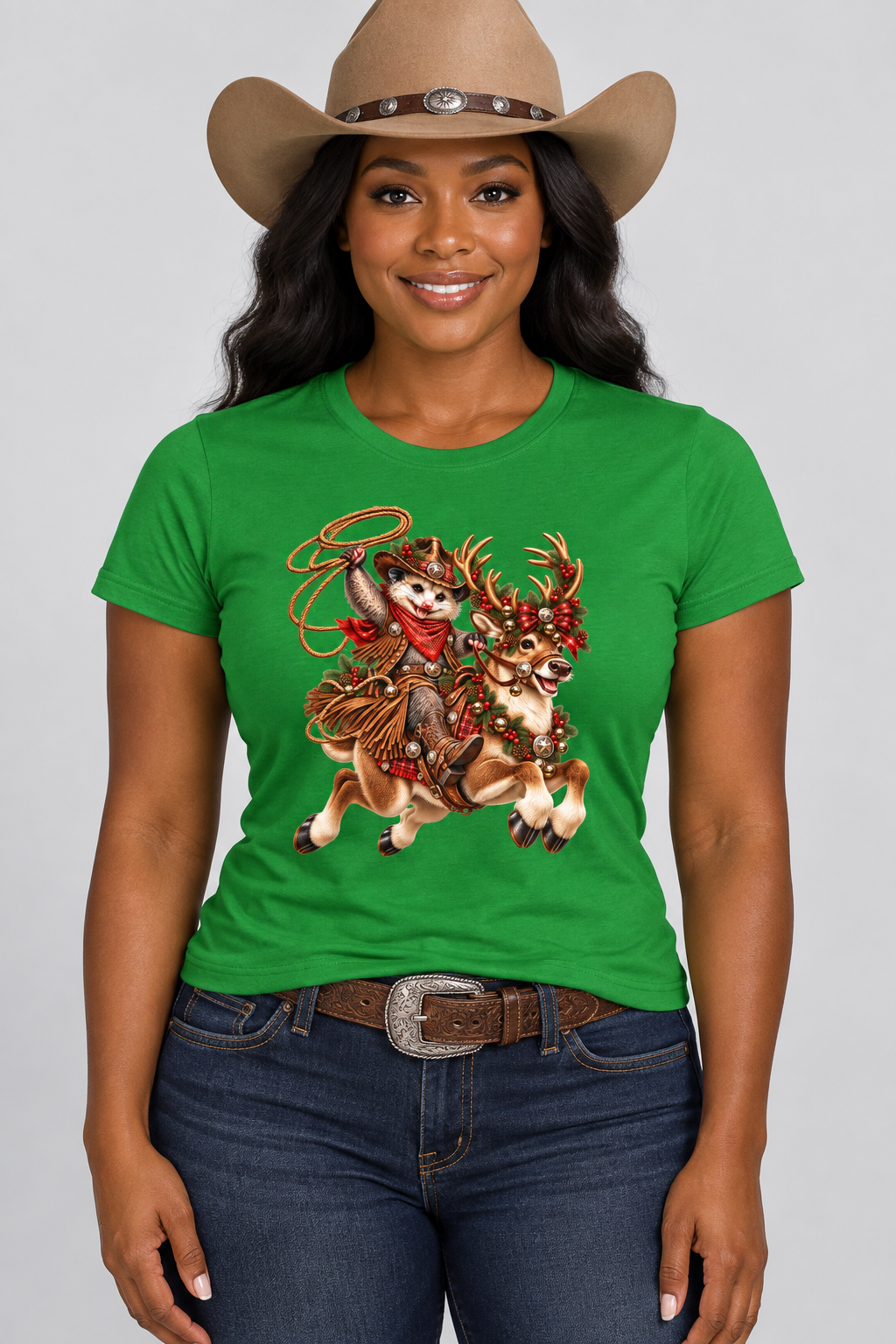 Black cowgirl wearing the Irish Green Pete Christmas Reindeer Ride tee