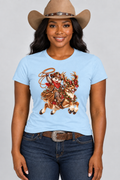 Black cowgirl wearing the Light Blue Pete Christmas Reindeer Ride tee