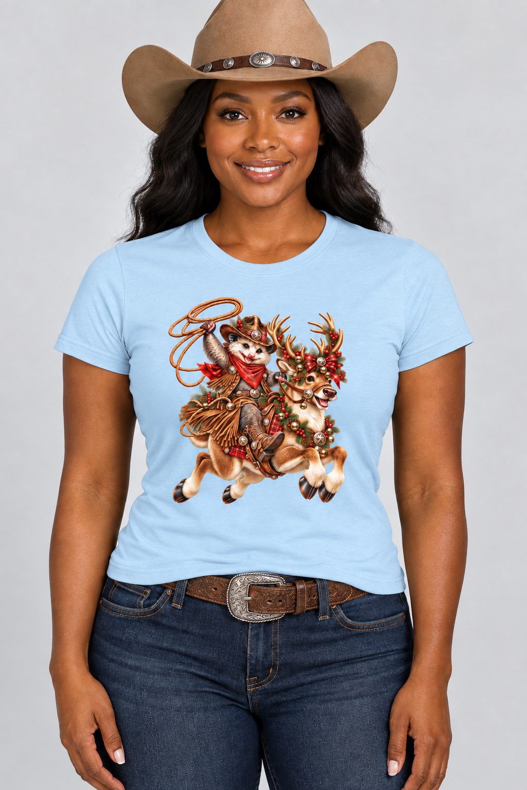 Black cowgirl wearing the Light Blue Pete Christmas Reindeer Ride tee