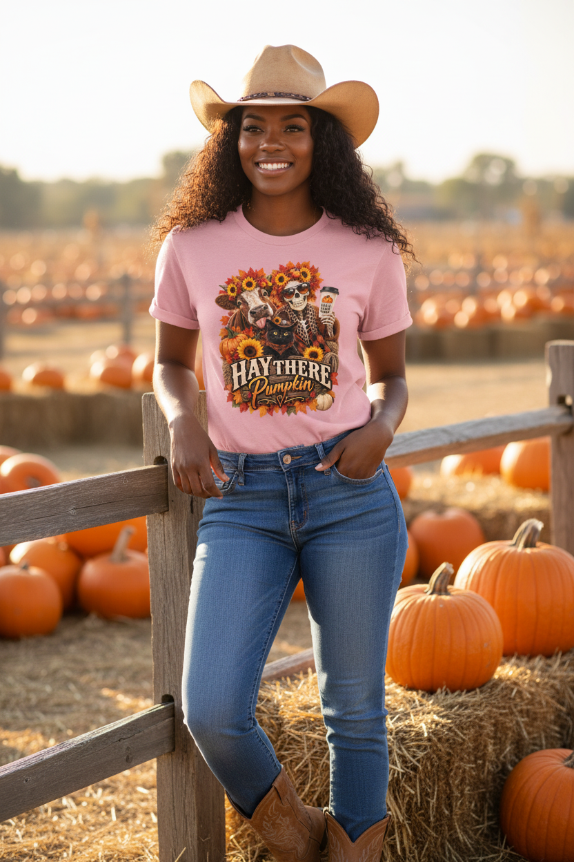 Black cowgirl wearing the pink Hay There Pumpkin tee at a pumpkin patch