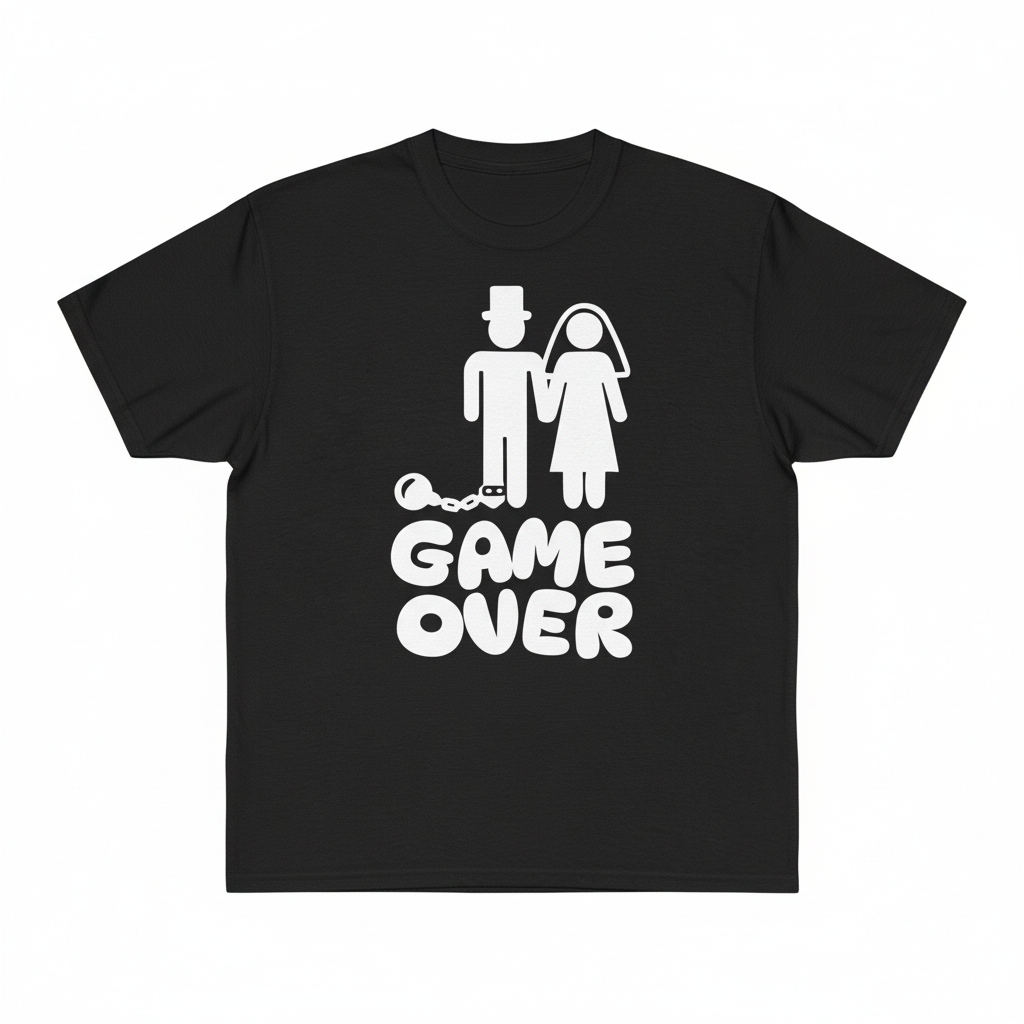 Black Game Over Bride & Groom tee flat lay