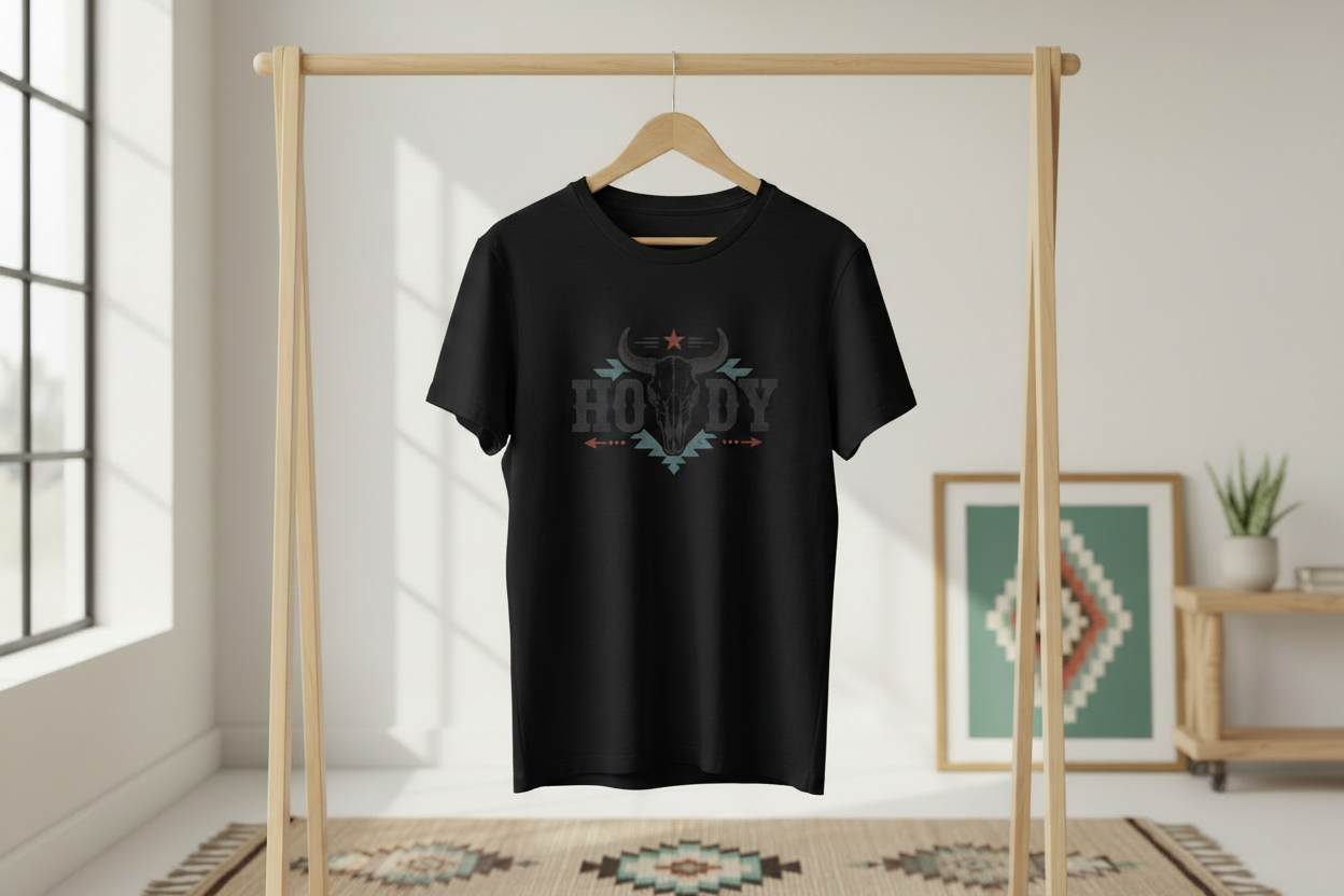 Black Howdy Tee on Clothing Rack