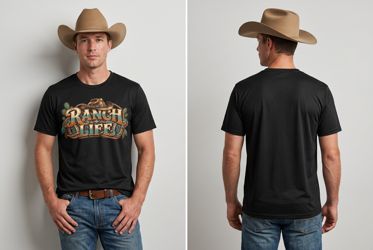 Black Ranch Life tee front and back in different cowboy studio poses