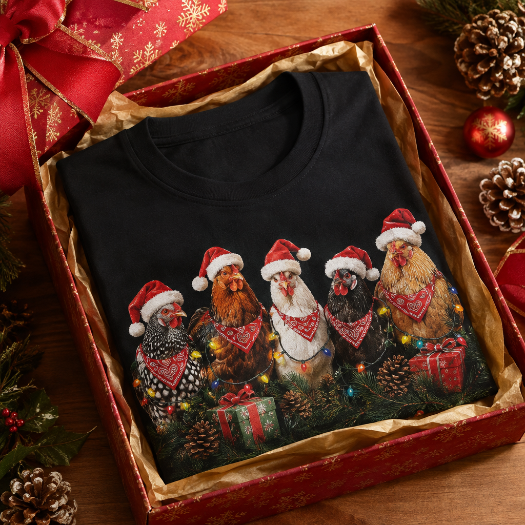Black Santa's Sassy Hens tee in Christmas gift box