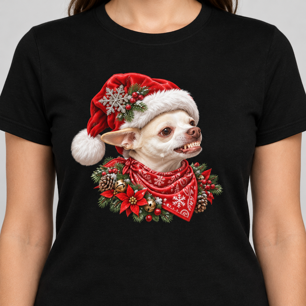 Black tee close-up with Coco’s Christmas artwork centered