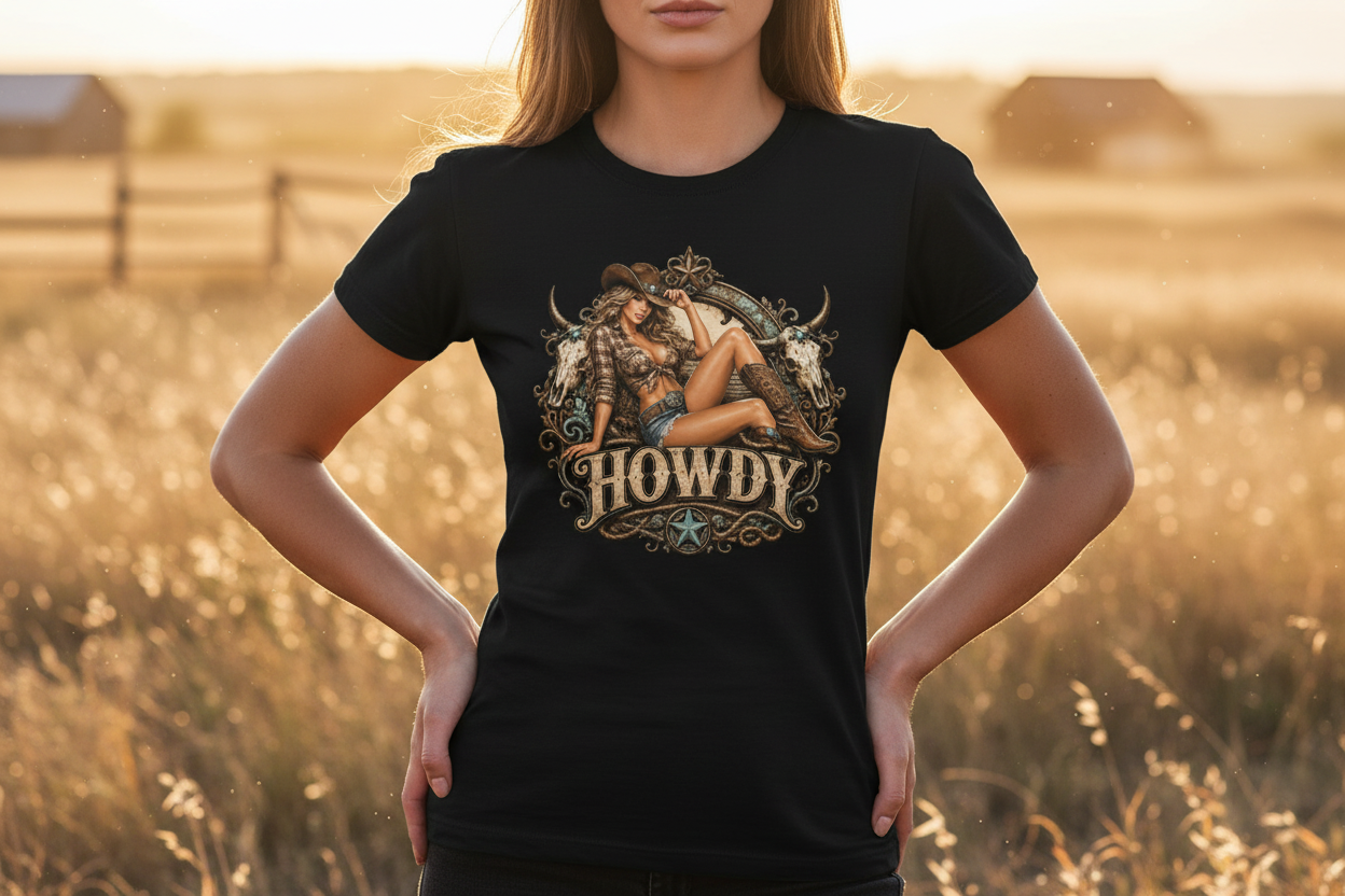 Black Tee Cowgirl Close-Up