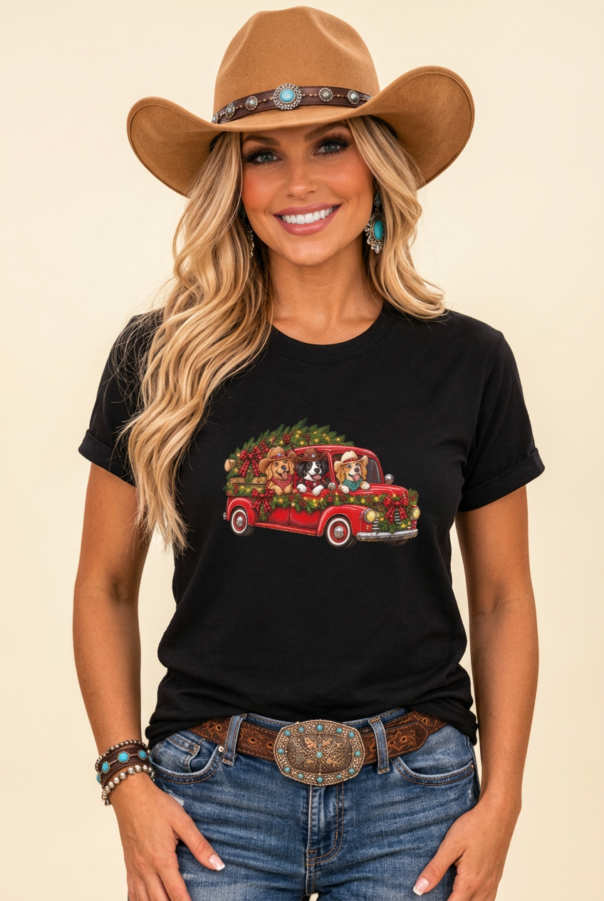 Black tee mockup using your supplied cowgirl model with emphasis on clear Christmas artwork