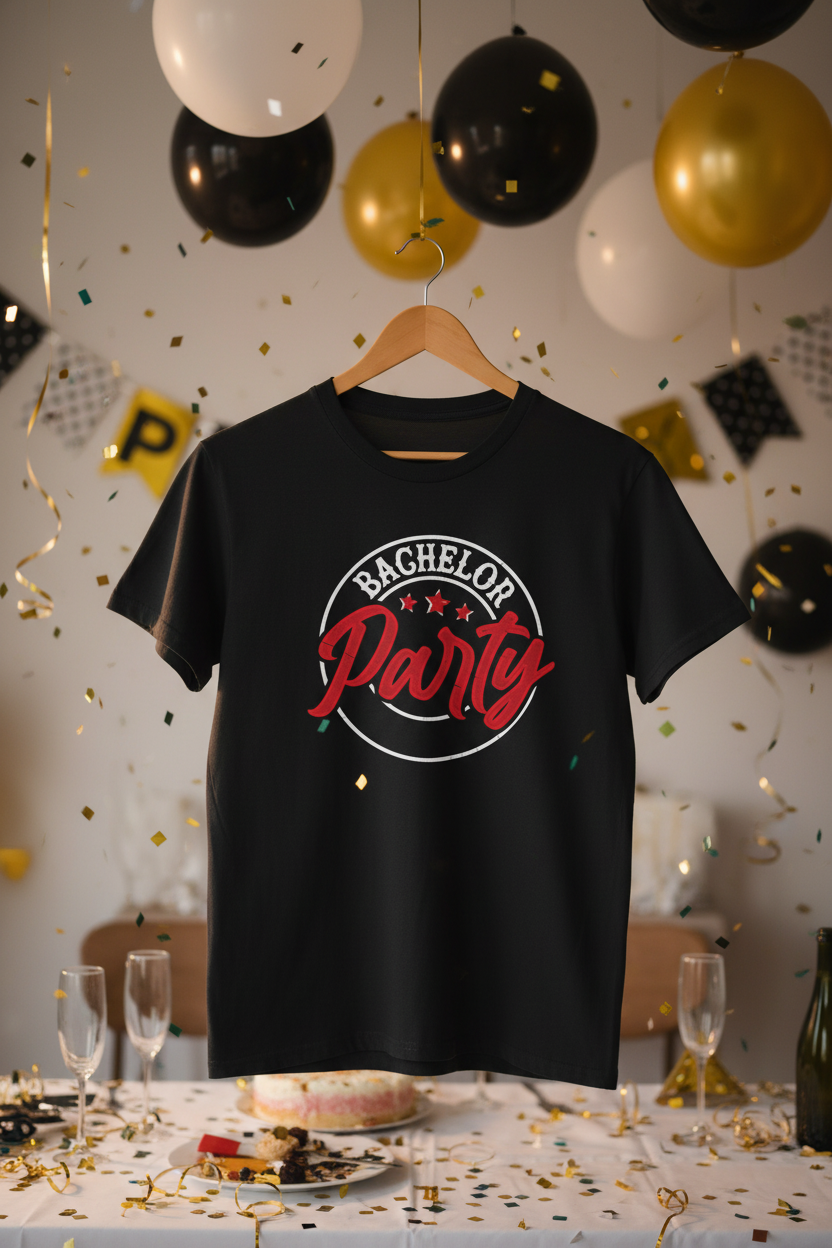 Black vintage retro groom crew tee on hanger in party room