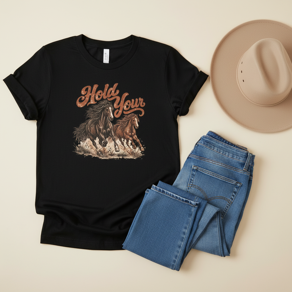 Black western tee laid on jeans with a cowgirl hat
