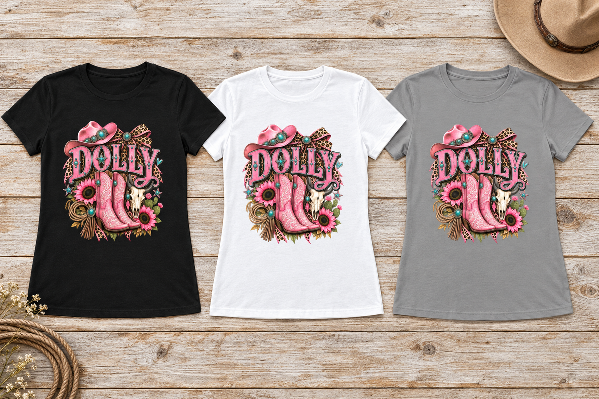 Black, white, and solid grey Dolly tees in a western flat lay