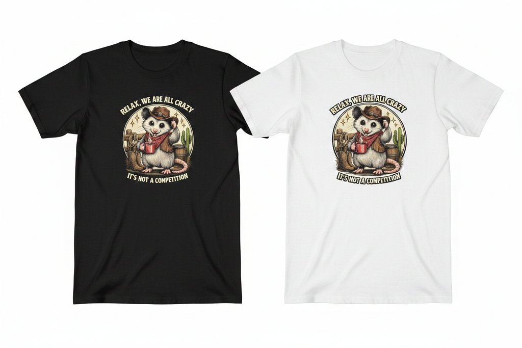 Black & White Cowboy Possum Tee Side by Side