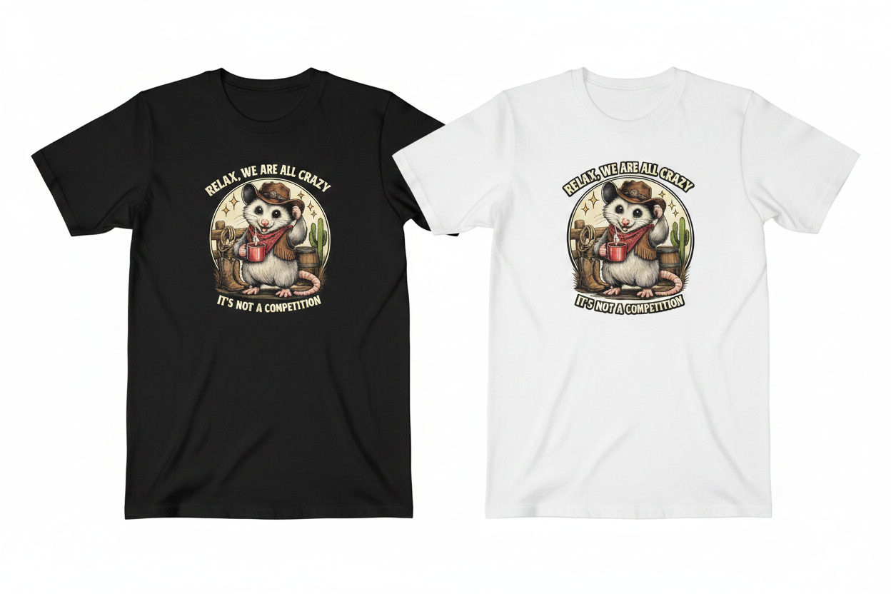 Black & White Cowboy Possum Tee Side by Side