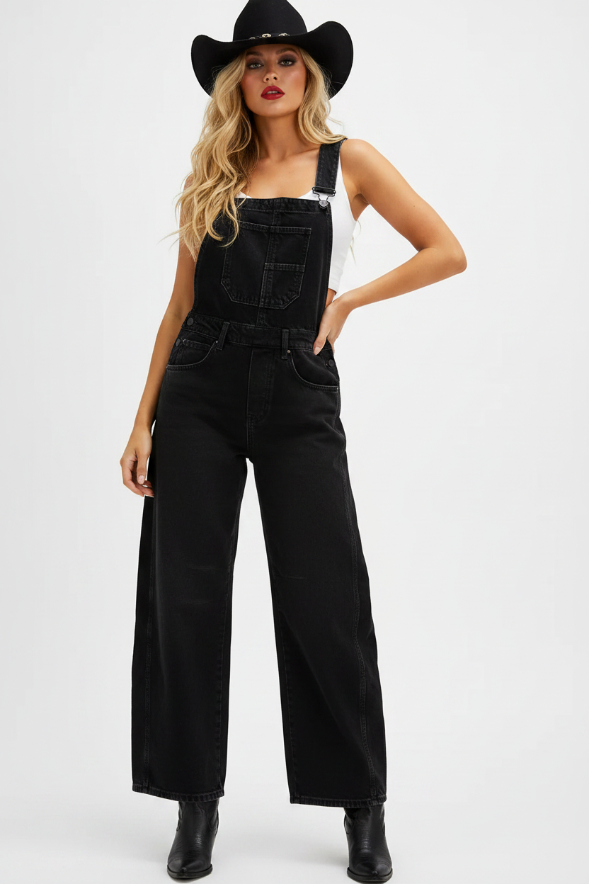 Black Wide-Leg Denim Overalls Cowgirl Mockup