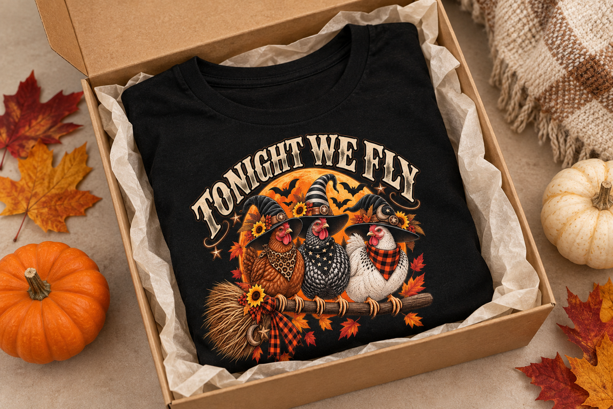 Black Witchy Hens tee in a fall gift box