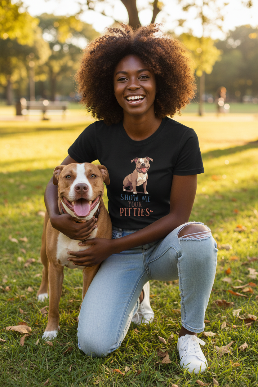 Black Woman with Brown Pitbull in Pitties Shirt