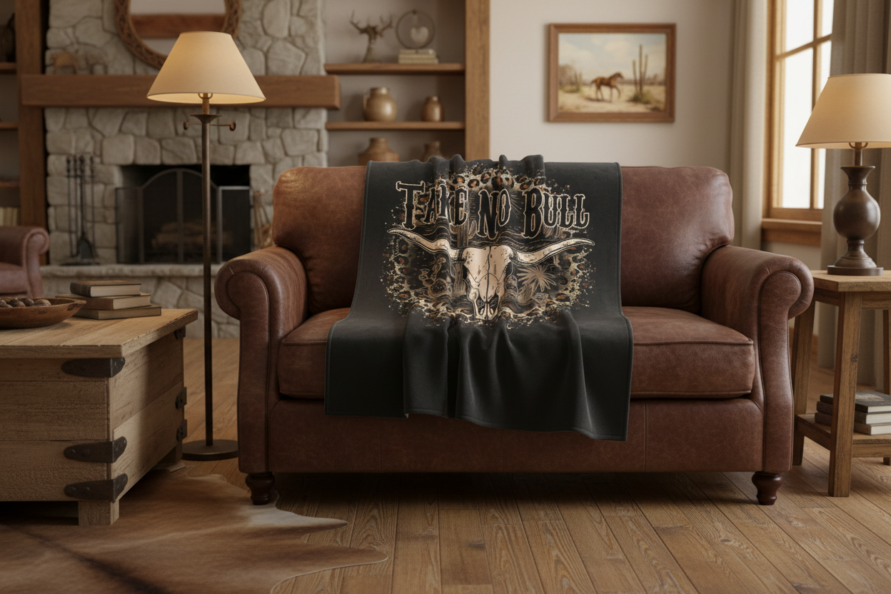 Blanket Draped Over Leather Sofa