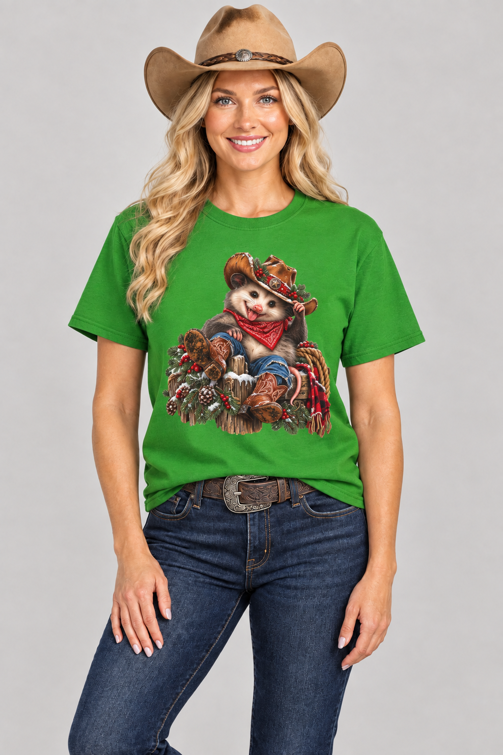 Blonde cowgirl wearing Pete tee in the merchant’s reference green